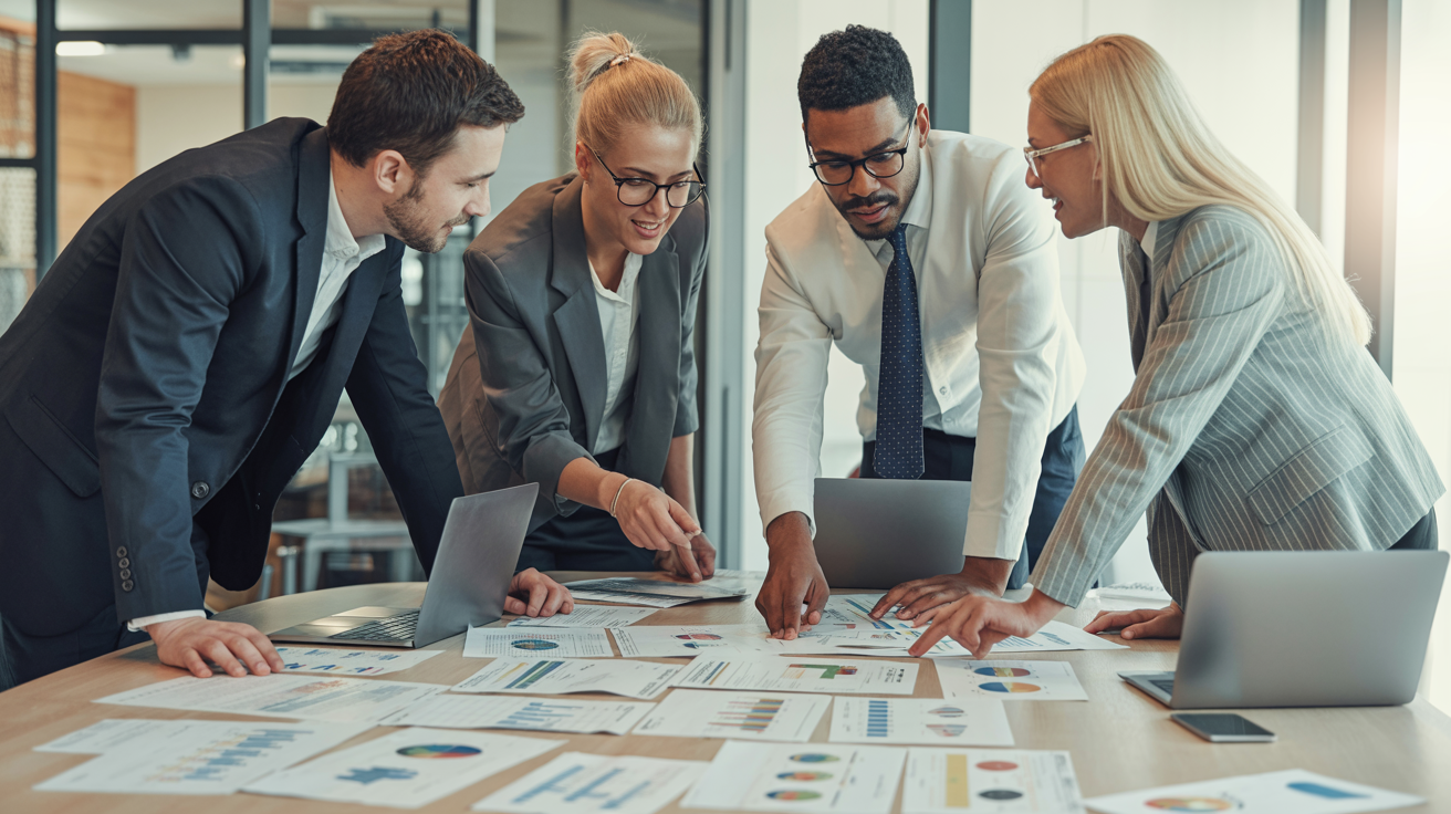 Business team analyzing due diligence documents and financial reports