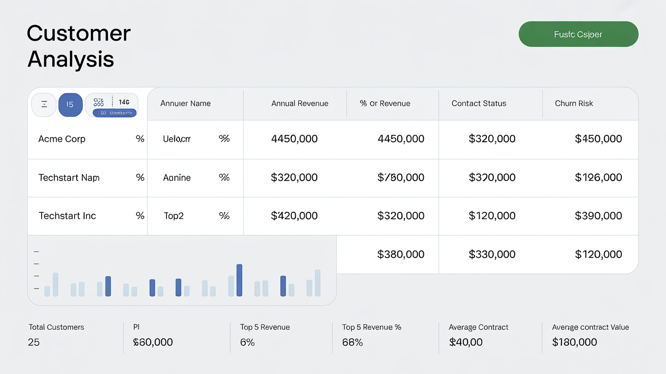 Customer Analysis Template preview showing customer concentration and risk analysis